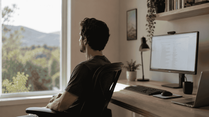 Person looking away from their computer screen toward a distant window during a 20-20-20 eye strain break