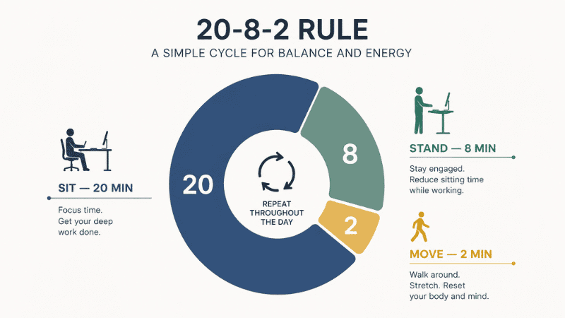 Visual diagram of the 20-8-2 rule for standing desk use showing sit, stand, and move intervals within a 30-minute work cycle