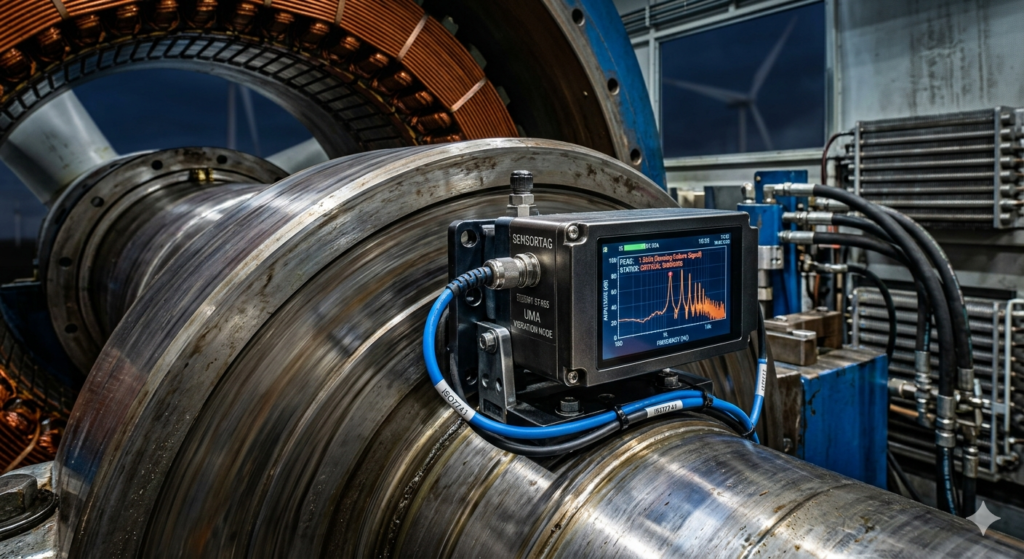 Industrial IoT sensor node performing edge-AI vibration analysis on a wind turbine bearing