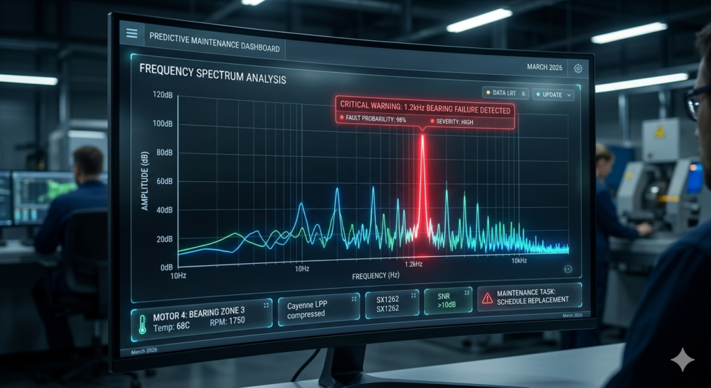 Industrial IoT sensor node performing real-time FFT vibration analysis on a industrial bearing.
