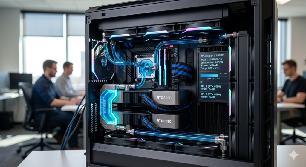 High-end liquid-cooled AI workstation in March 2026 showing 128GB of pooled Logical VRAM across two GPUs in a Unified Memory environment.