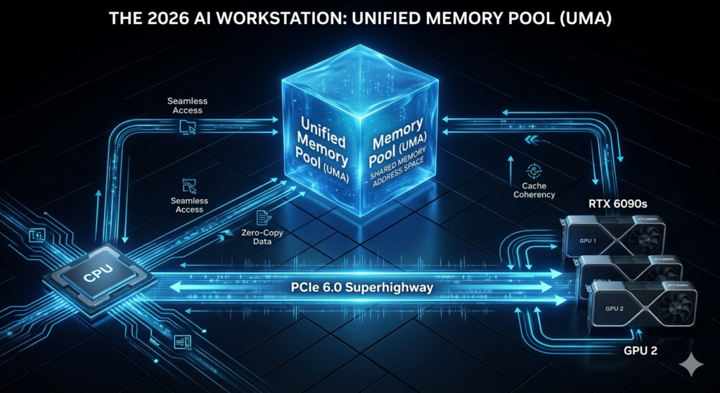 Architectural diagram of Unified Memory pooling CPU RAM and multiple GPU VRAM via high-bandwidth PCIe 6.0 interconnect.