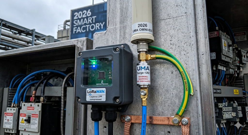 Technical exploded view of an Industrial IoT gateway showing SAC305 solder PCB and M12 connectors.