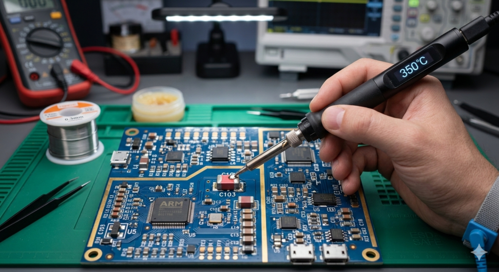 Modern professional electronics engineering workbench featuring a smart USB-C soldering station, digital oscilloscope, and high-tech PCB layout in a clean lab environment.