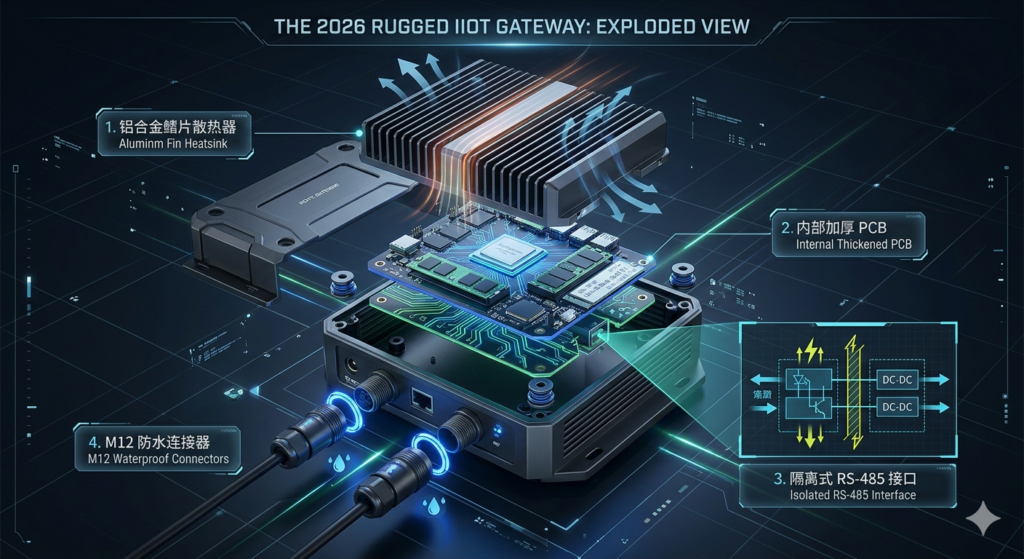 Exploded view of a rugged Industrial IoT gateway showing fanless cooling fins and galvanic isolation components