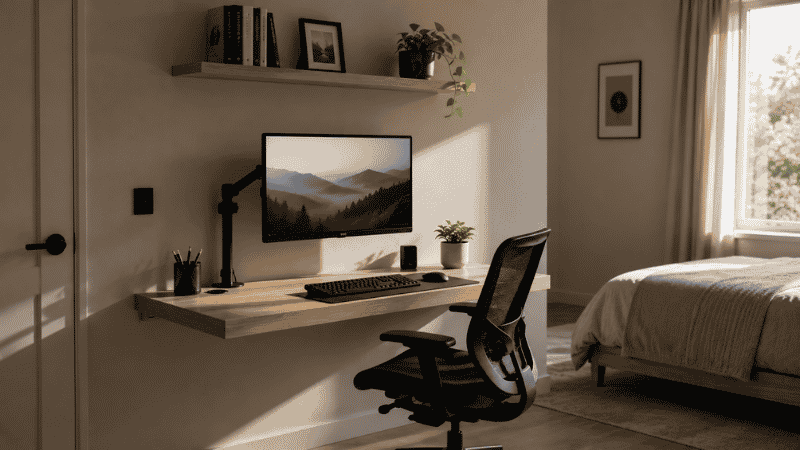 Wall-mounted floating desk in a small bedroom used as a home office, facing the wall away from the bed