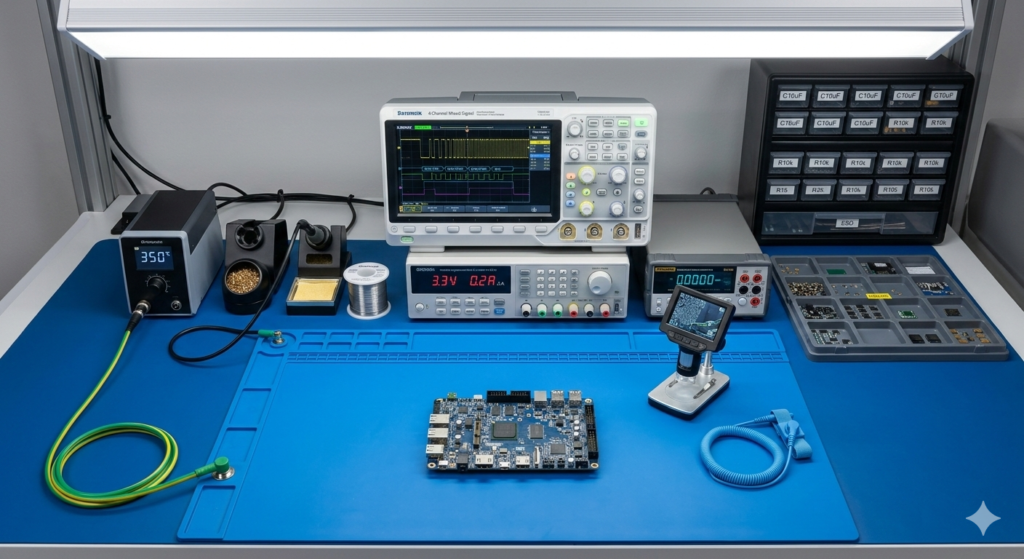 Top-down view of a professional electronics workbench featuring a blue ESD-safe mat with a grounding wire connection, a 4-channel oscilloscope, and programmable DC power supply.