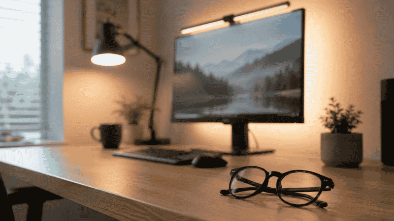 Blue light glasses sitting unused next to a properly positioned monitor with good lighting — showing real eye strain solutions over popular myths