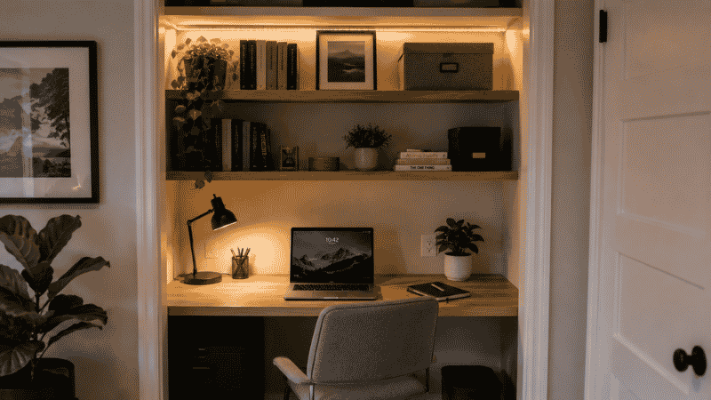 Closet converted into a small home office with a built-in desk, shelves, and LED lighting inside