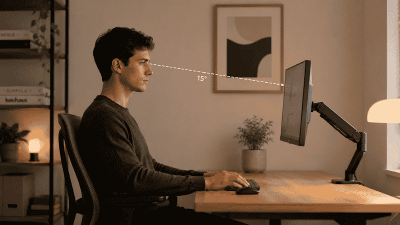 Side view of a person at a desk with monitor positioned slightly below eye level at arm's length to reduce eye strain
