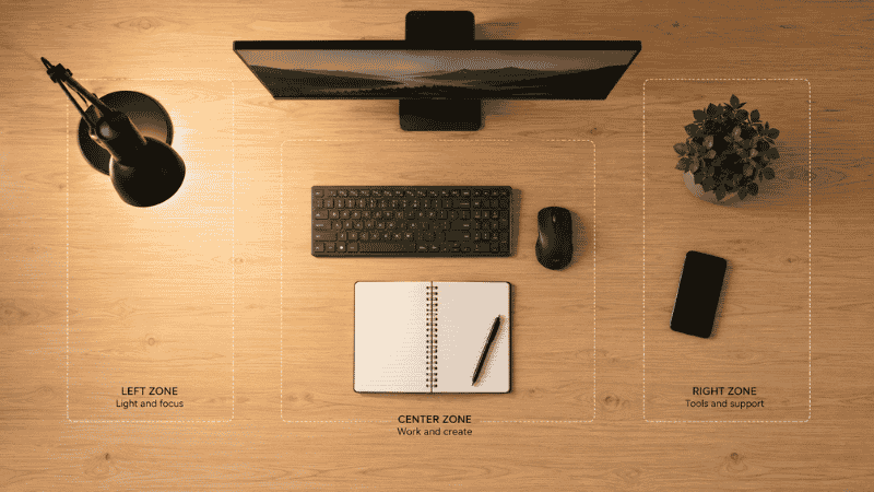 Top-down view of a home office desk showing three work zones — primary, secondary, and reference areas