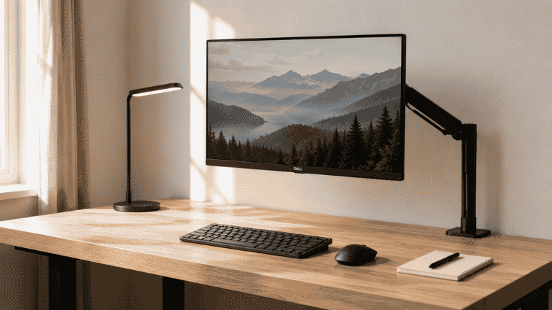 Clean and minimal home office desk with only a monitor, keyboard, mouse, and notebook on the surface