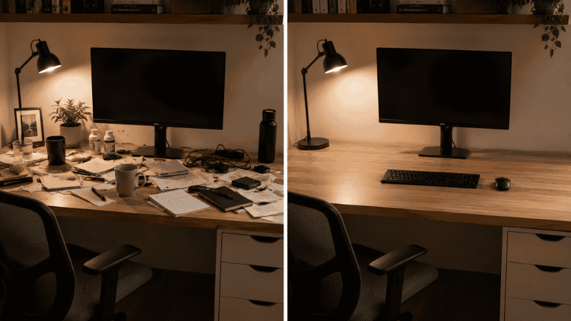 Split view of a cluttered desk on the left and the same desk completely cleared and organized on the right