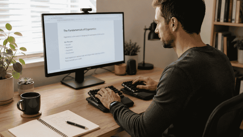 Person typing slowly and deliberately on a new ergonomic split keyboard during the adjustment period at a home office desk