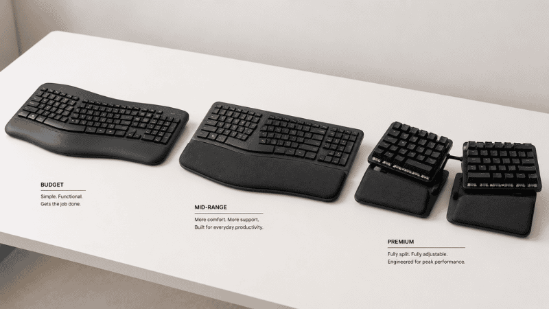 Three ergonomic keyboards at different price points arranged to show entry-level, mid-range, and premium options