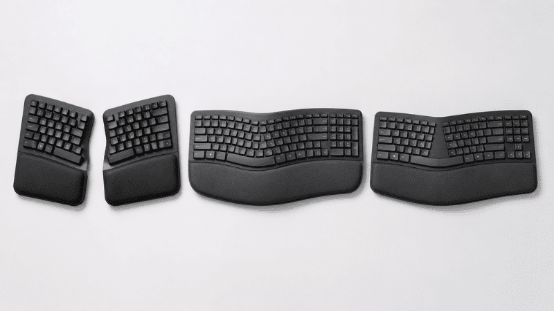 Three types of ergonomic keyboards displayed side by side — split, wave curved, and Alice layout keyboards