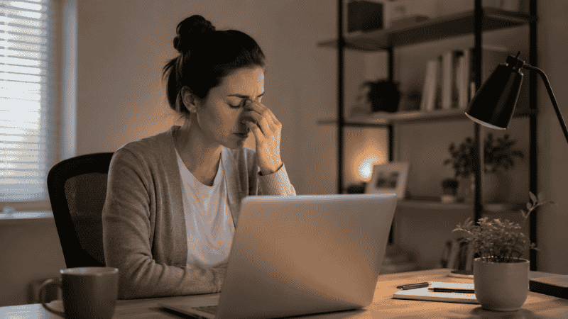 Remote worker rubbing tired eyes in front of a laptop screen in a dimly lit home office