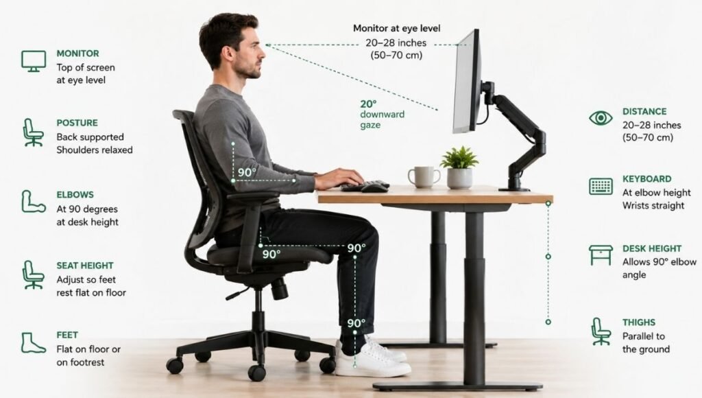 Side profile diagram showing correct ergonomic sitting posture with feet flat on floor, knees at 90 degrees, elbows at desk height, and monitor at eye level