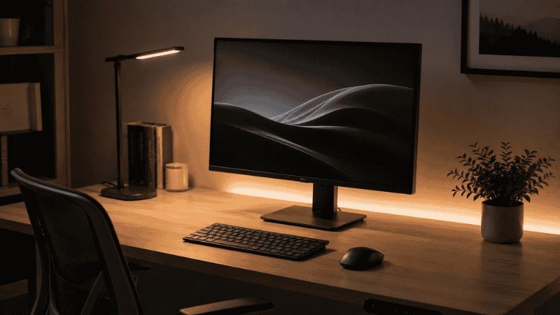 Home office desk with a desk lamp providing side lighting and LED bias light behind the monitor
