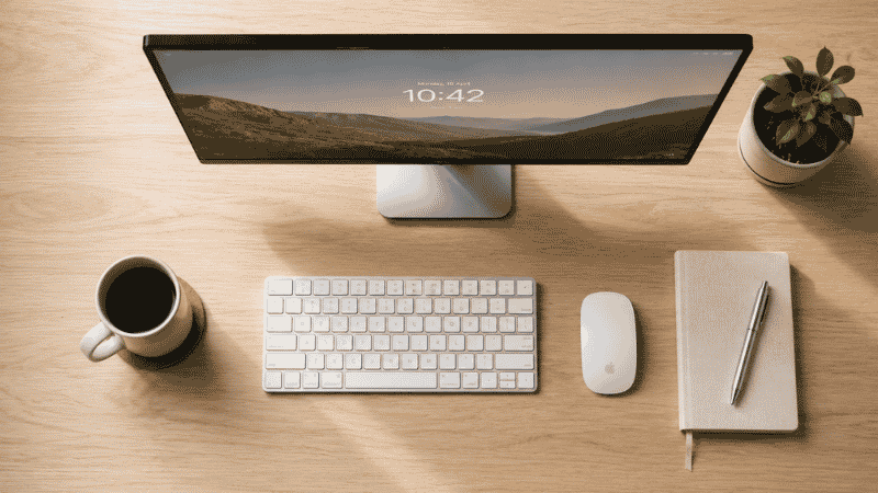 Top-down view of a home office desk layout showing monitor placement, keyboard zone, and side space