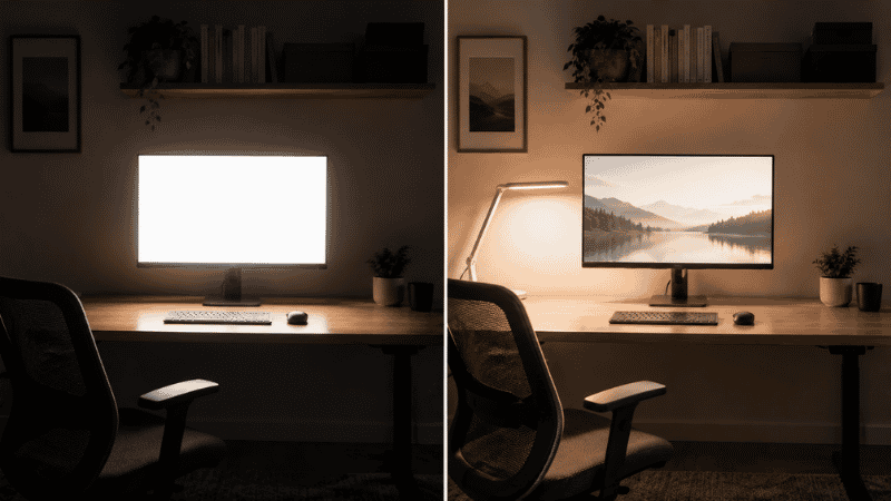 Split image showing a dark room with a bright glowing screen on the left versus a well-lit room with balanced screen brightness on the right