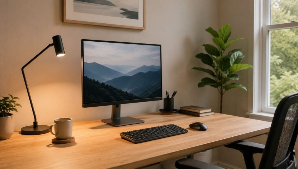 Home office desk with natural light coming from the side window and a desk lamp positioned to the side of the monitor providing balanced lighting without screen glare