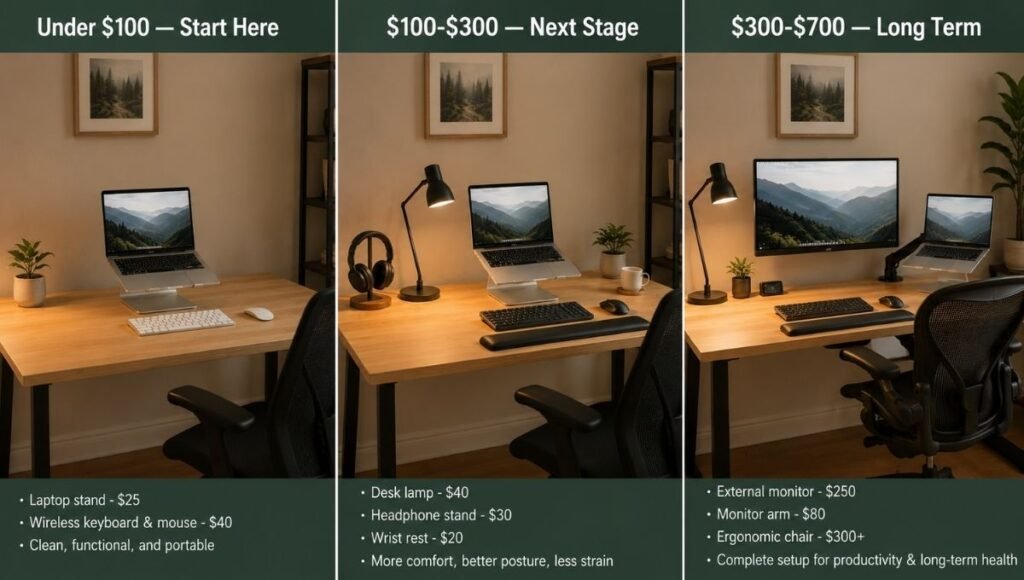Three-stage home office setup progression showing basic starter setup under 100 dollars, mid-range comfortable setup, and complete premium workstation
