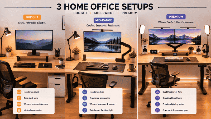 Three home office desk setups showing budget, mid-range, and premium configurations side by side