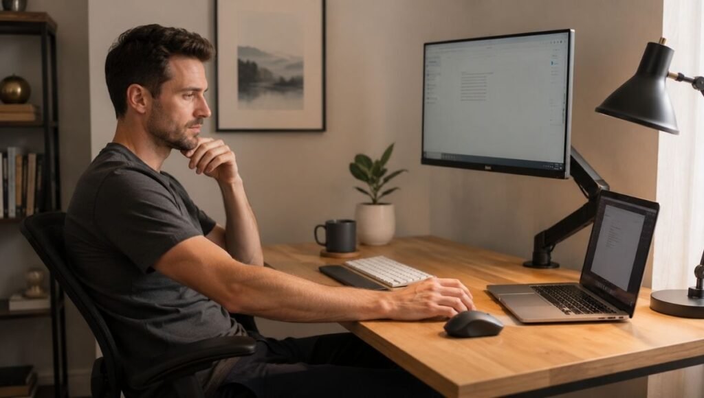 Person sitting at home office desk doing a posture self-check — looking at screen position, elbow height, and mouse distance
