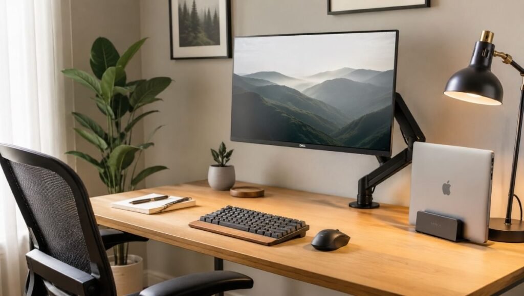 A complete and well-organized home office setup showing desk at correct height, monitor at eye level, keyboard and mouse in ergonomic position with soft natural lighting