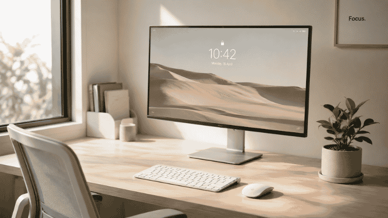 Clean and organized home office desk setup with monitor, keyboard, and natural side lighting