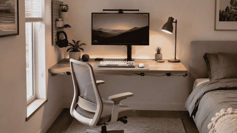Compact home office corner setup in a small bedroom with a floating desk, monitor, and organized accessories