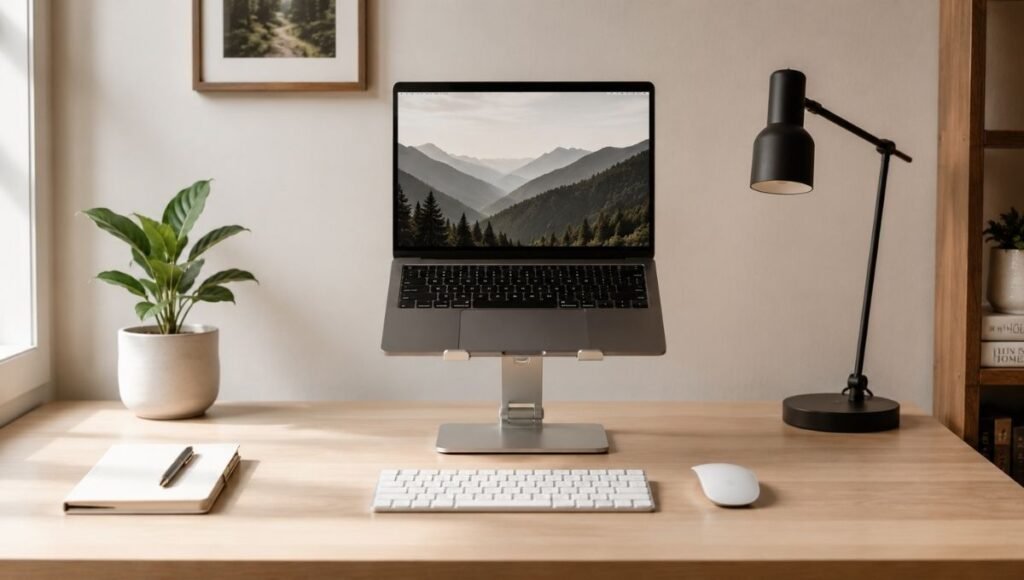Laptop elevated on an adjustable stand at eye level with external wireless keyboard and mouse on the desk surface below showing correct ergonomic laptop setup