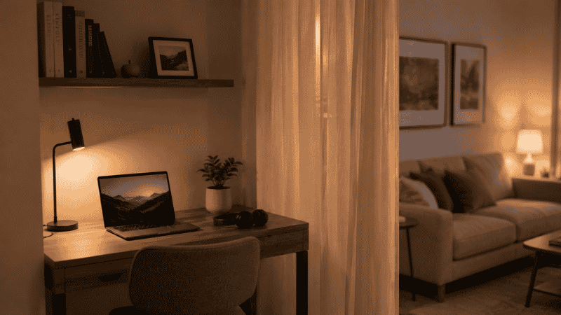 Living room corner home office setup with a small desk, noise-cancelling headphones, and a curtain divider