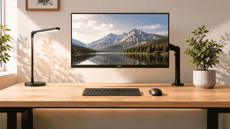Minimalist home office desk with only a monitor, keyboard, small plant, and lamp — no clutter, no visible cables