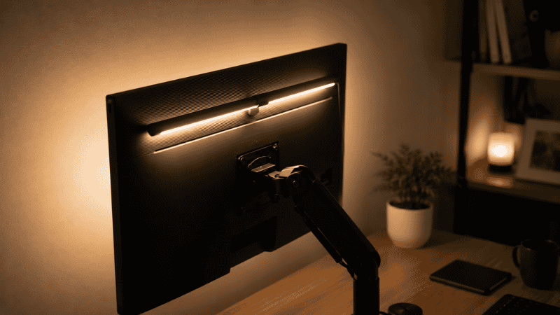 Home office monitor with LED bias lighting strip on the back casting a soft warm glow against the wall to reduce screen contrast