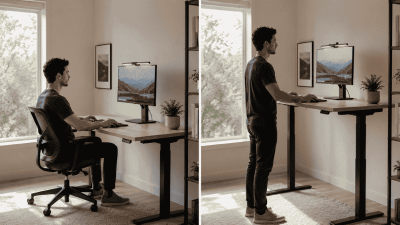 Split image showing the same person sitting at a desk on the left and standing at the same desk raised to standing height on the right