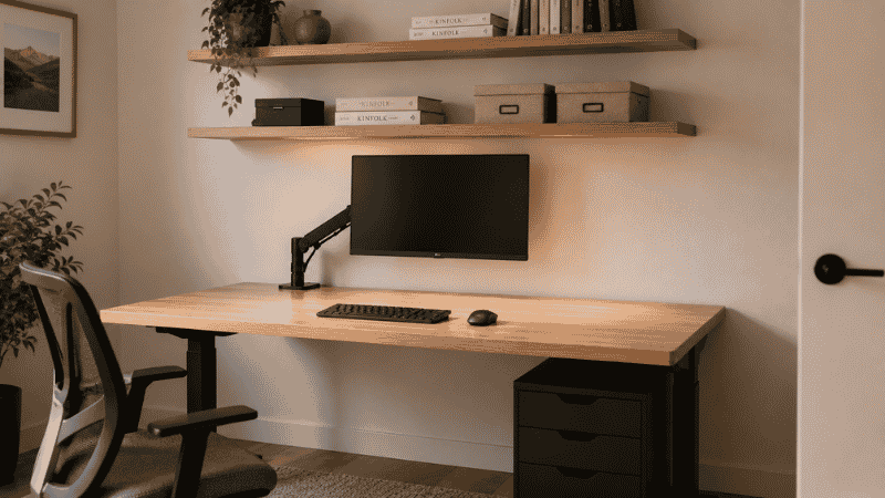 Small home office desk with monitor arm, wall-mounted shelves above, and under-desk drawer unit keeping the surface clear