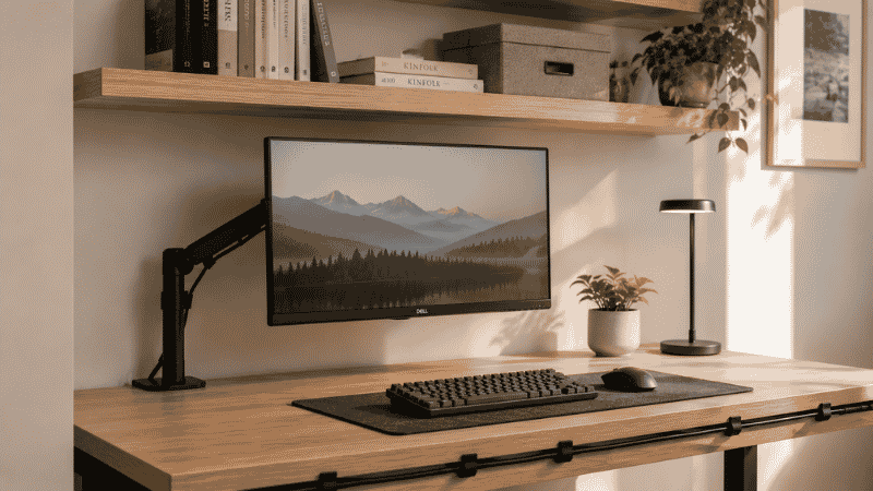 Close-up of a small home office desk with clean cable management, monitor arm, and vertical wall shelves above