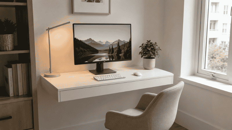 Small but organized home office corner setup in an apartment with a floating desk, monitor, and warm desk lamp