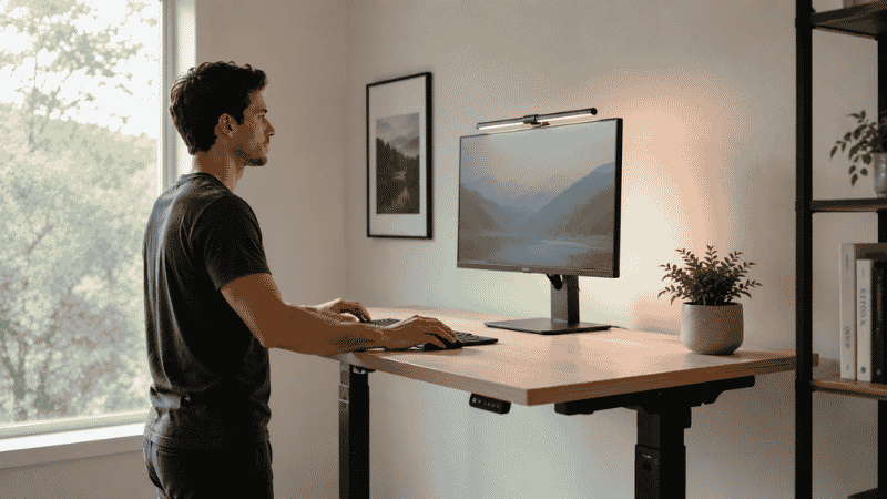 Person standing at a motorized standing desk in a bright home office with a monitor at eye level