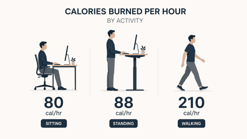 Simple visual comparison showing calorie burn per hour for sitting, standing, and walking at a desk