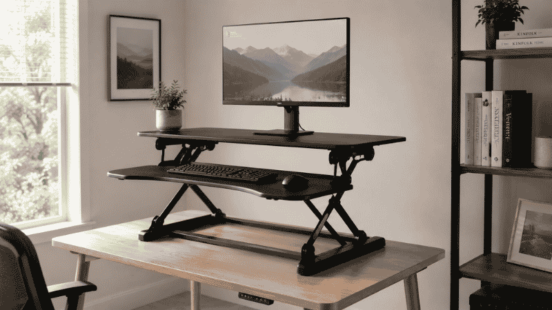 Standing desk converter raised to standing height on top of a regular home office desk with a monitor and keyboard