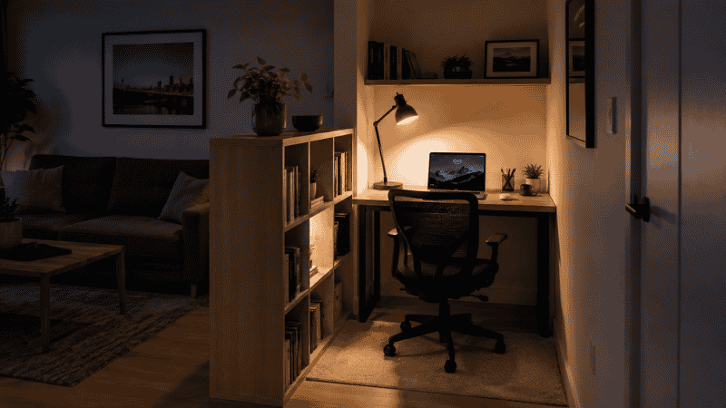 Studio apartment with a defined home office zone separated by a bookshelf and a desk rug from the living area