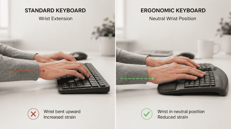 Side-by-side comparison of wrist position on a standard flat keyboard versus an ergonomic keyboard showing reduced wrist extension