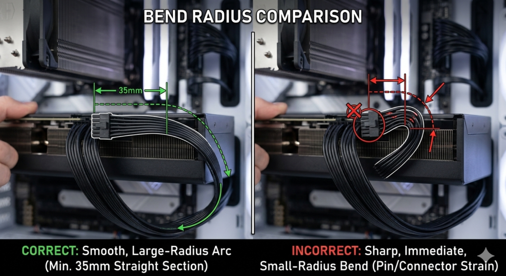 Diagram showing correct vs incorrect 12VHPWR cable bend radius for GPU safety.