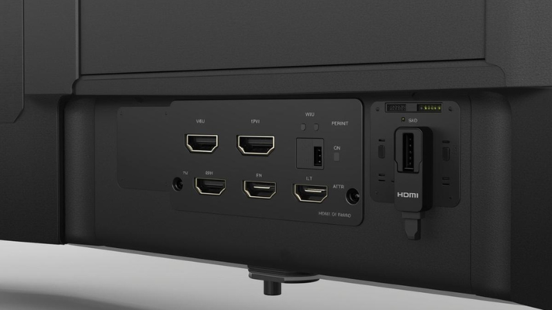 Rear panel of a smart tv showing four HDMI 2.1b ports for gaming
