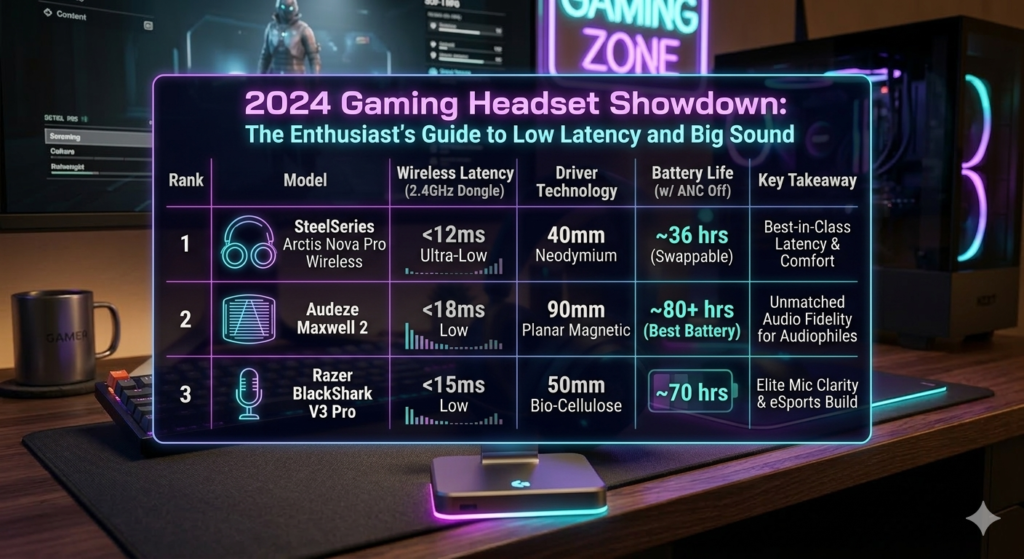 Comparison chart of best wireless headphones 2026 latency and battery life