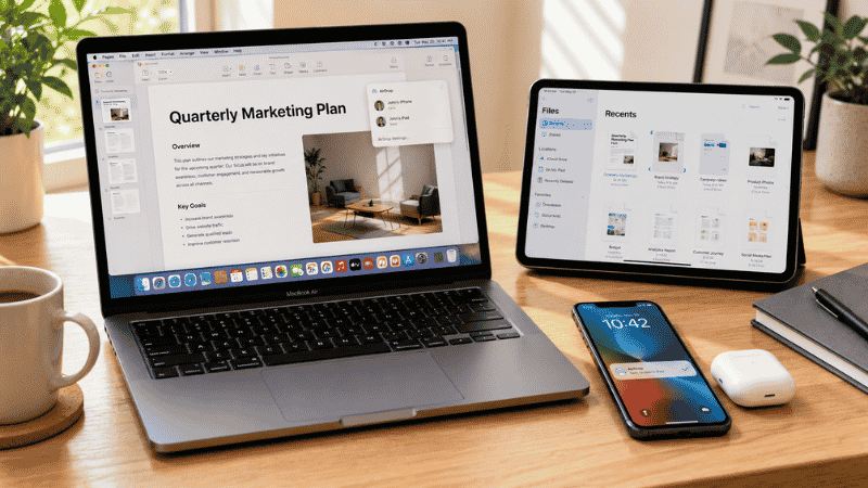 Mac laptop, iPhone, and iPad arranged together on a home office desk showing Apple ecosystem integration for remote work