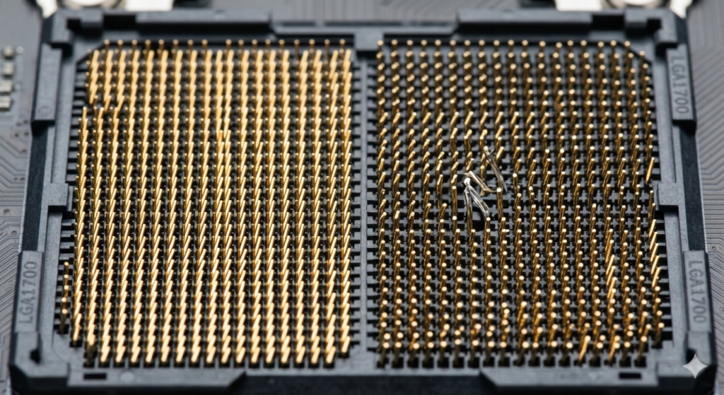 Macro shot comparing perfectly aligned CPU socket pins vs a single bent pin.